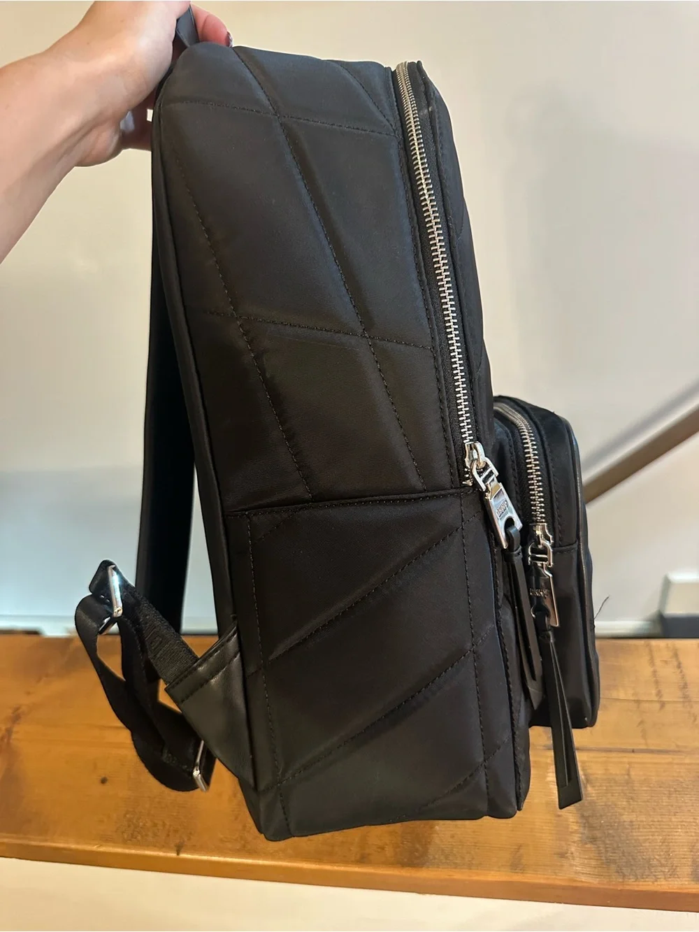 DKNY Black Quilted Nylon Backpack with Mini Pouch Charm